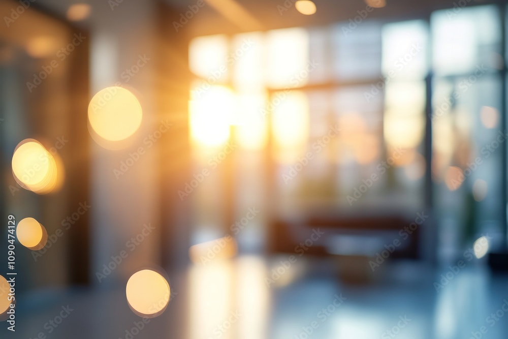 Poster a blurred interior scene with warm sunlight and soft bokeh effects.
