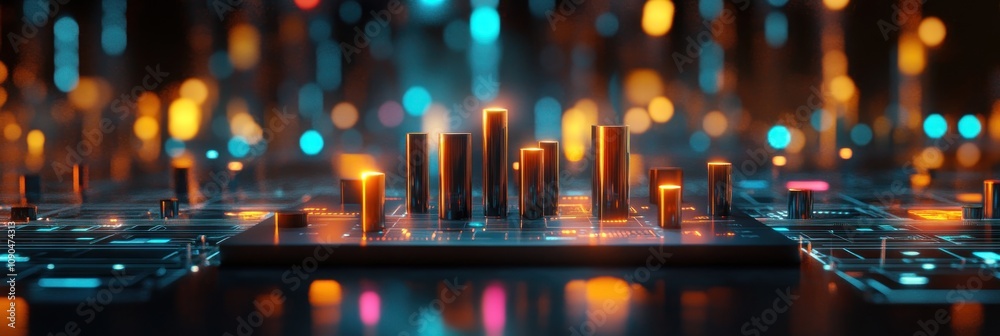 Poster A futuristic digital landscape featuring illuminated circuit elements and data visualization.