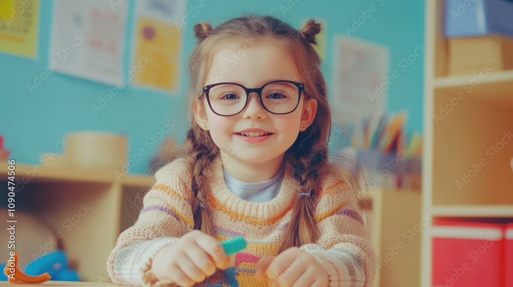 Poster a cheerful girl with glasses smiles while holding a marker in a colorful classroom setting.