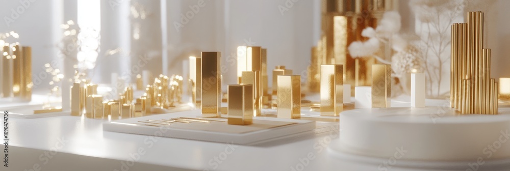 Poster a modern display of golden geometric shapes on a table, suggesting elegance and design.