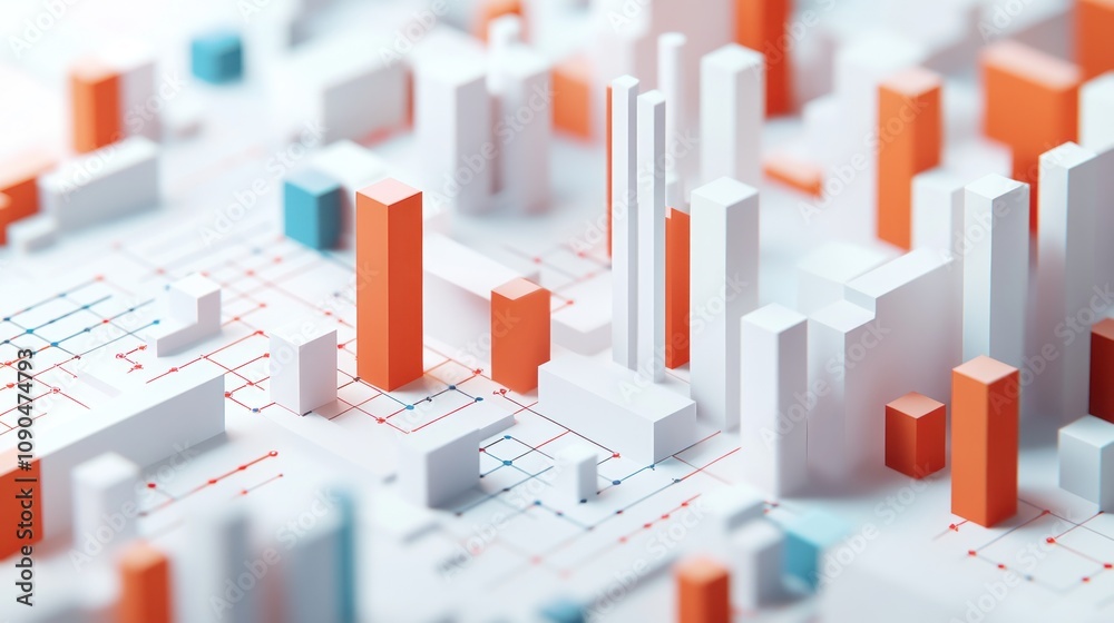 Aufkleber Abstract 3D cityscape with colorful geometric structures and grid lines.