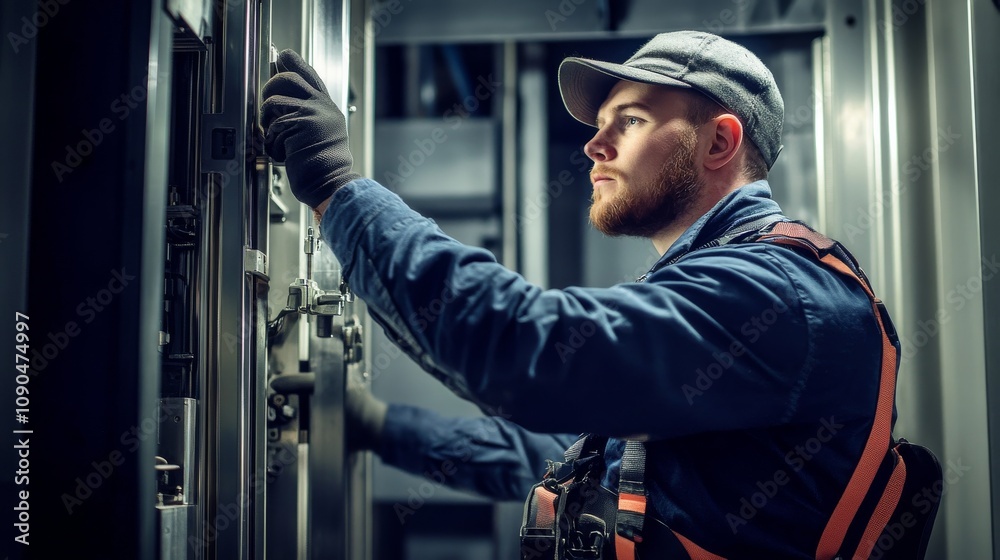 Poster An elevator technician in a work uniform and harness, inspecting and adjusting components inside an elevator shaft, Elevator maintenance scene