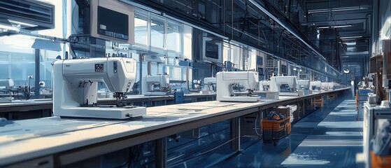 Fototapeta premium Industrial sewing machines on a garment assembly line conveying industrial efficiency and the methodical nature of production