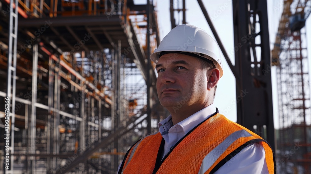 Poster an engineer in a white helmet and orange safety vest, examining a steel framework and looking confid