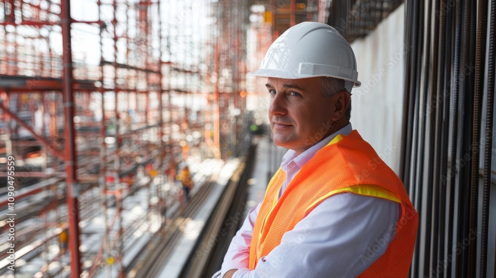 Poster an engineer in a white helmet and orange safety vest, examining a steel framework and looking confid