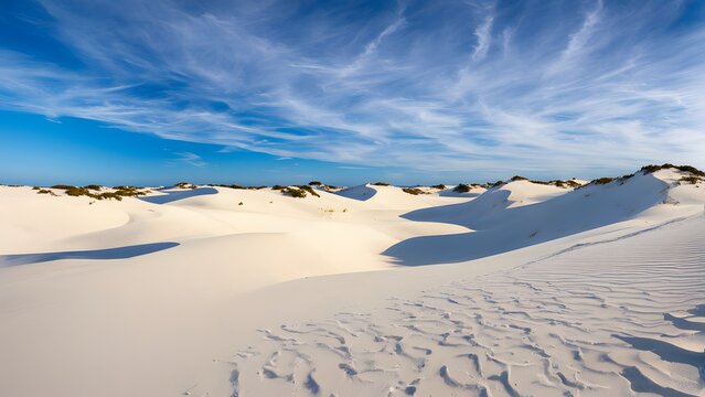 Stark white sand dunes of lancelin in western australia against a vivid blue sky, Ai Generated