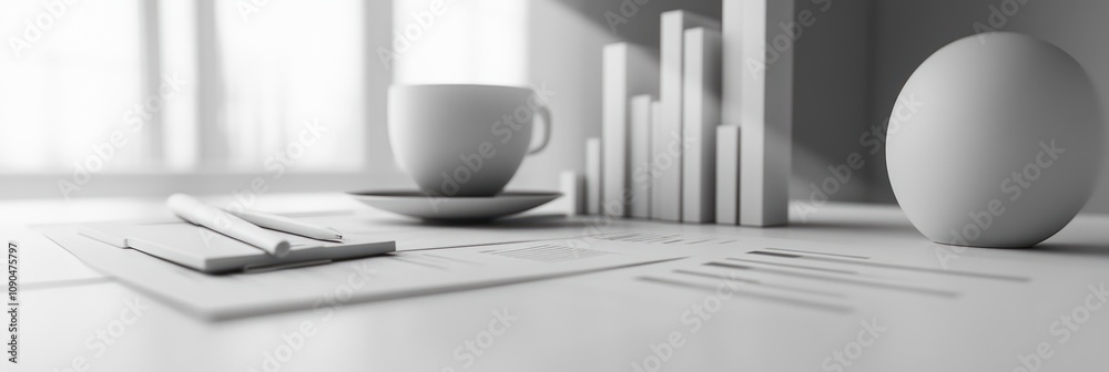 Aufkleber A monochromatic workspace with a cup, charts, and geometric objects for a professional setting.