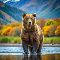 Obraz premium A majestic brown bear standing amidst the breathtaking Alaskan