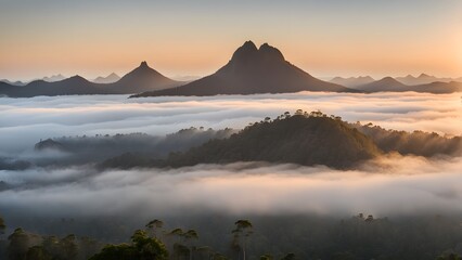 Sunrise over the glass house mountains mist rising between the volcanic peaks, Ai Generated
