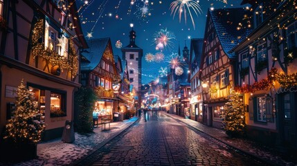 A festive street scene with decorations and fireworks at night.