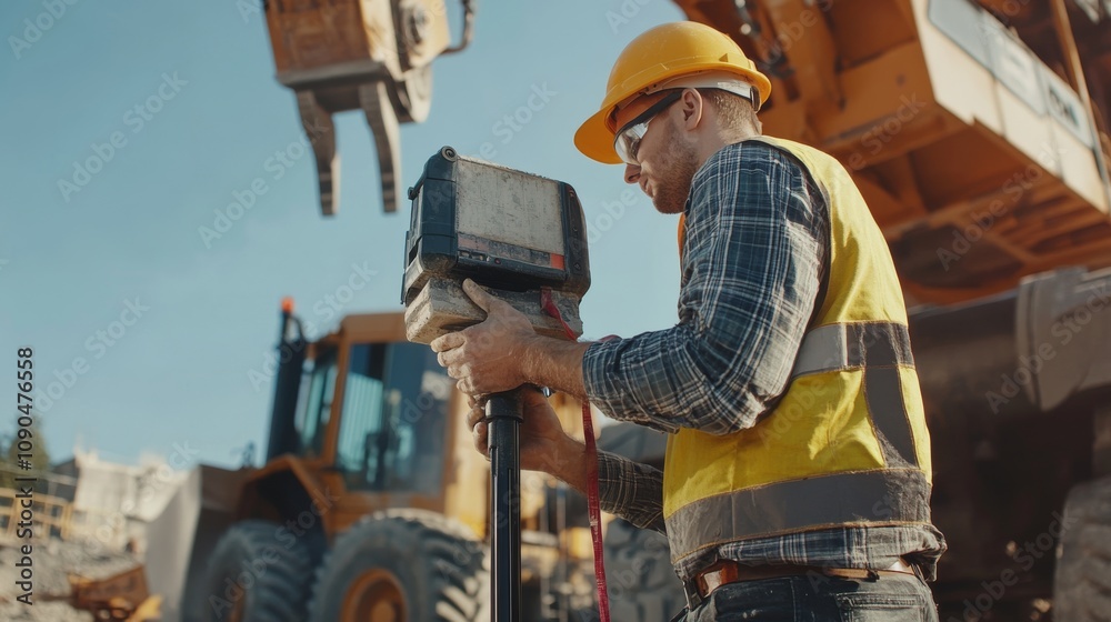 Poster an engineer inspecting concrete quality with a testing device amid construction machinery, concrete 