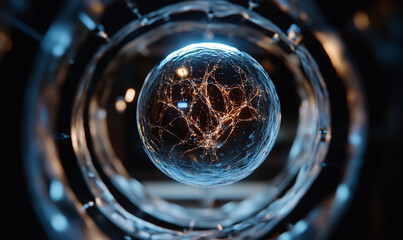 AGI Suspended glass sphere with glowing neural pathways