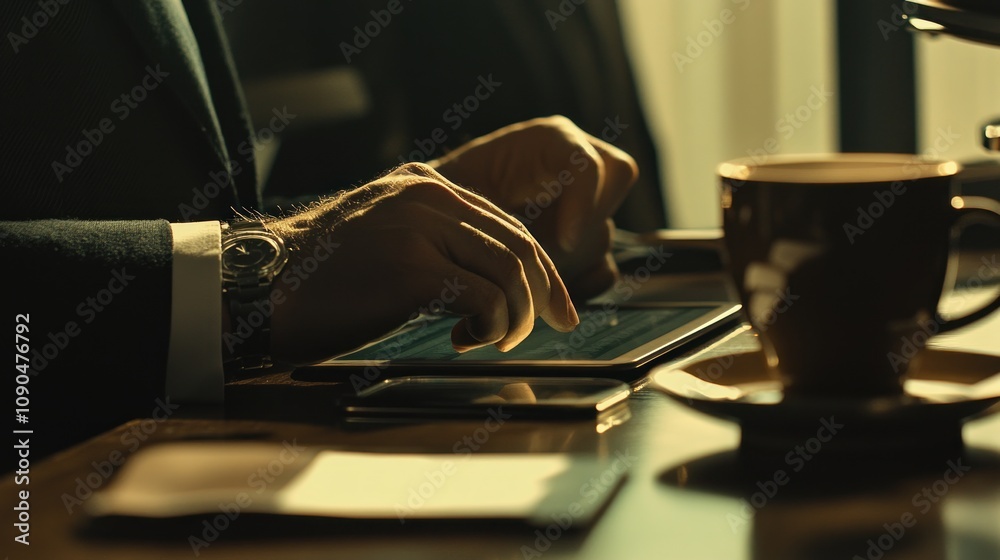 Poster a person using a tablet while enjoying coffee at a desk, focused on work.