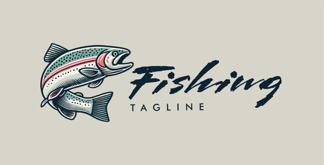 rainbow trout fish fishing hand drawn  logo design template for angler 