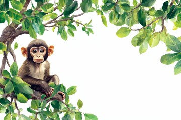 Obraz premium Monkey sits on a branch with green leaves.