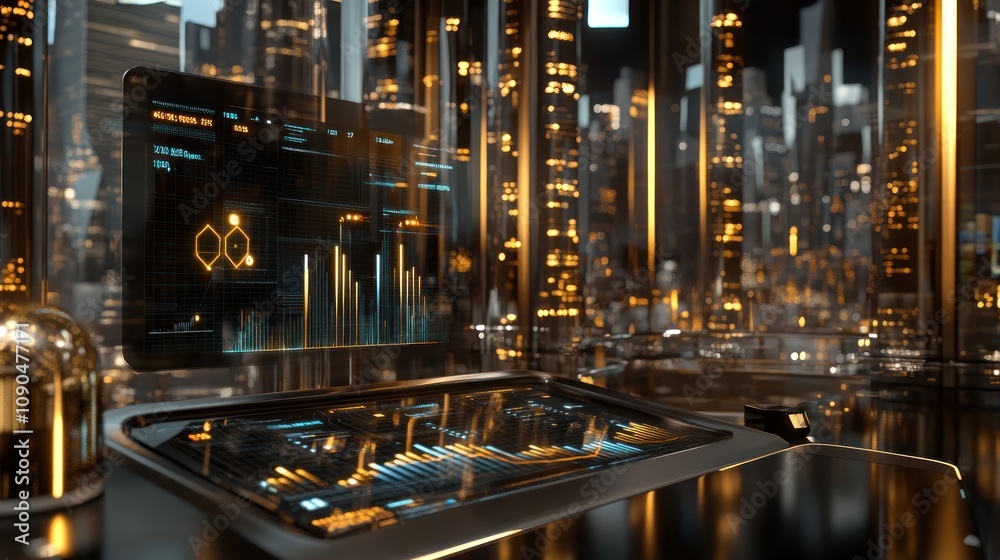 Poster futuristic workspace with a digital interface and a city skyline backdrop.