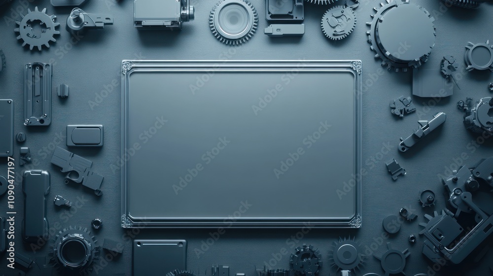 Poster a flat surface surrounded by various mechanical and electronic components.