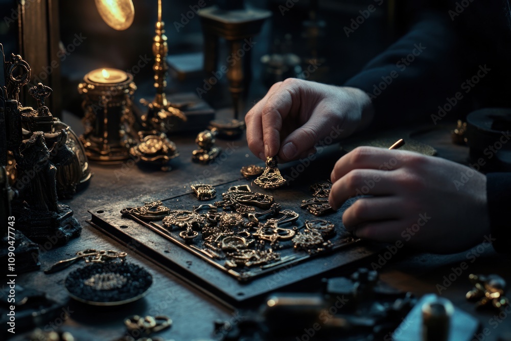 Poster A person delicately arranging intricate metallic objects on a wooden table in a dimly lit space.