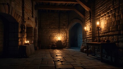 Obraz premium Dimly lit medieval dungeon room with eerie atmosphere, stone walls, ceiling, and floor, illuminated by flickering fire torches. Chains hang ominously from the walls in this haunted fantasy castle.