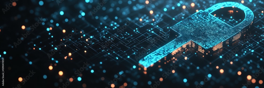 Poster A digital lock symbolizing cybersecurity amidst a network of glowing data points.