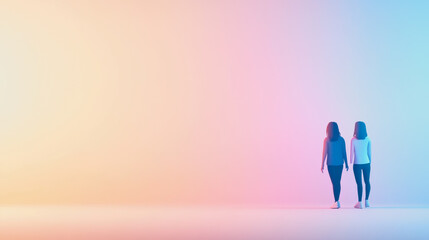 Two Individuals Walking Together Against a Soft Gradient Background in Shades of Pink and Blue, Symbolizing Friendship and Connection in a Calm Setting