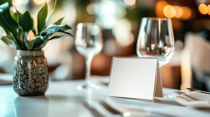 A white blank card sits on a table set for a meal in a restaurant.