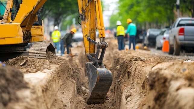 An excavator operator digging trenches for utility lines at a municipal infrastructure project, with excavation equipment and construction workers in the background, Municipal infrastructure scene