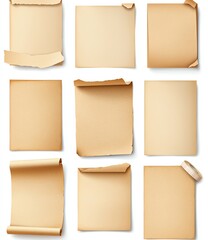Collection of nine vintage paper sheets with curled edges, isolated on white background