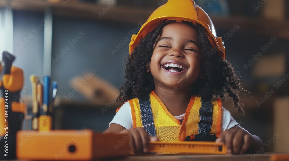 Poster A joyful child in a construction helmet and vest, engaged in a playful building activity.