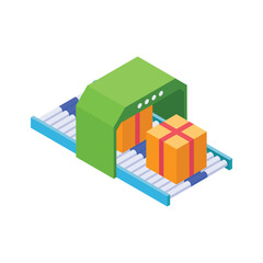 Transportation of products via manufacturing belt, isometric icon