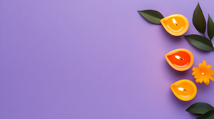 Orange slices and leaves on purple background