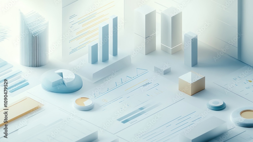 Poster A minimalist workspace featuring charts, graphs, and 3D shapes for data analysis.