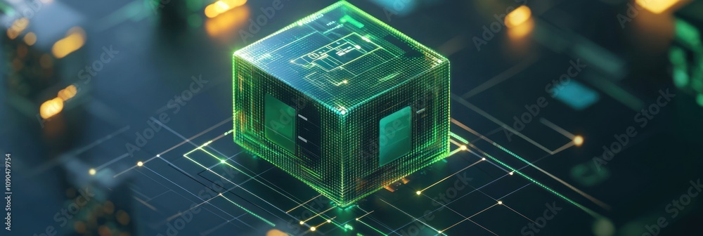 Poster a futuristic green microchip on a circuit board, representing advanced technology.