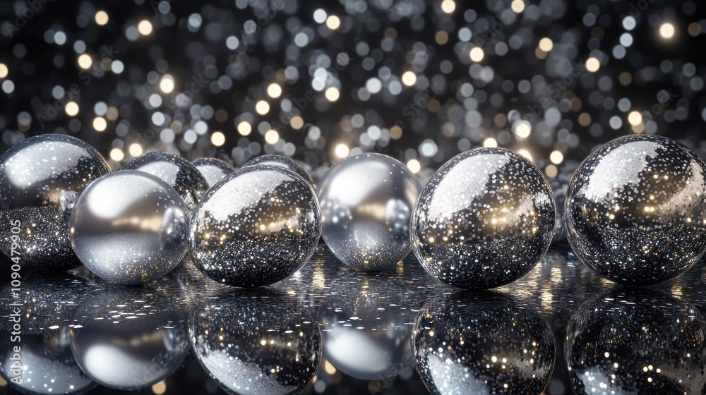 Poster a collection of shiny silver spheres reflecting light against a sparkling background.