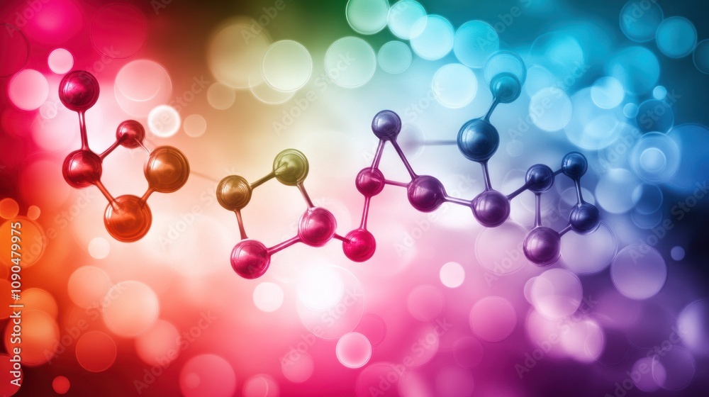 Poster colorful molecular structure illustration with a vibrant bokeh background.