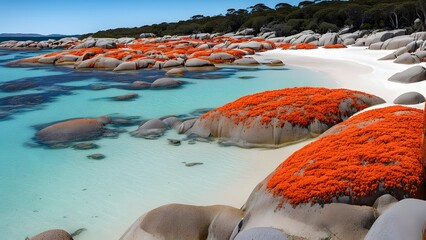 The bay of fires in tasmania orange lichen covered rocks against turquoise waters and sandy beaches, Ai Generated