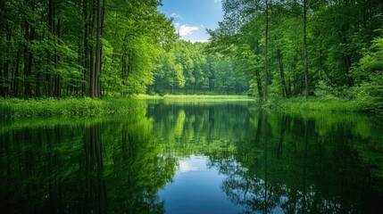 Serene circular forest lake surrounded by vibrant summer greenery reflecting blue skies and lush trees in tranquil waters