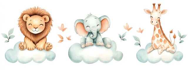 Naklejka premium Cute cartoon animals including a lion, elephant, and giraffe sitting on fluffy clouds, surrounded by butterflies and leaves in a whimsical watercolor style.