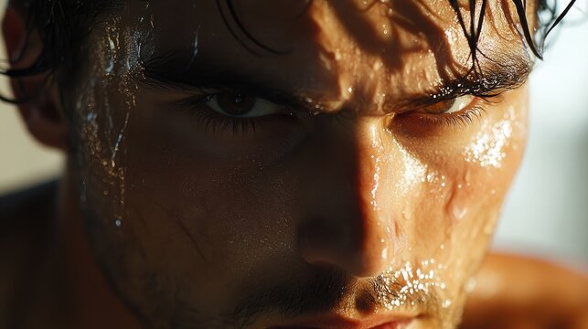 Close-up of an intense athlete with sweat-drenched skin, displaying a fierce and concentrated expression during high-intensity interval training.