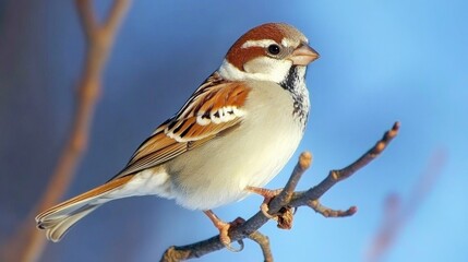 Adorable sparrow perched on a slender tree branch, showcasing its detailed plumage against a vivid blue natural background.