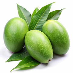 Fresh green mangoes arranged neatly on vibrant mango leaves