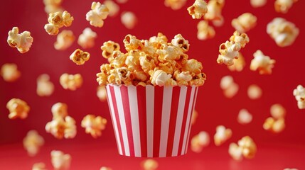 Vibrant red backdrop with a striped container filled with delicious popcorn, surrounded by swirling, floating popcorn kernels in mid-air.