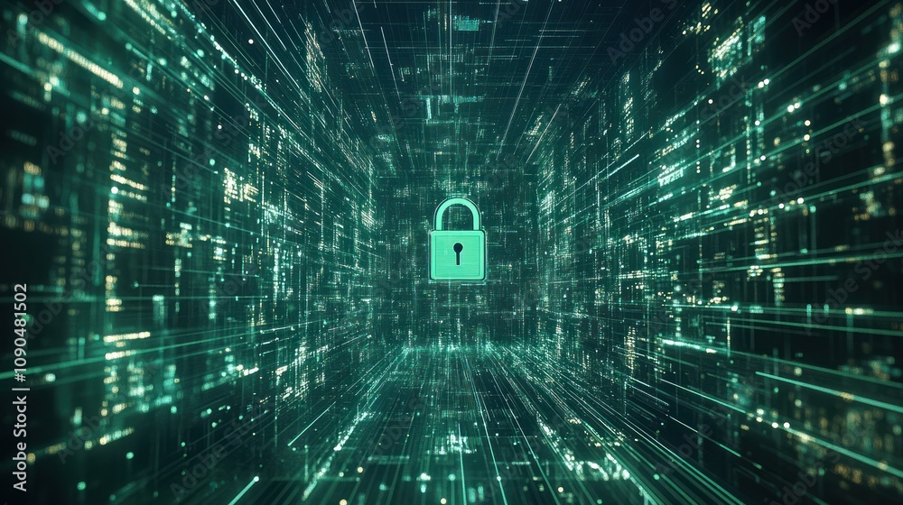 Poster A digital representation of security with a padlock in a data stream.