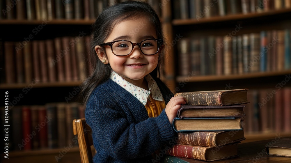 Poster a cheerful young girl with glasses sits at a table with stacked books in a library setting.