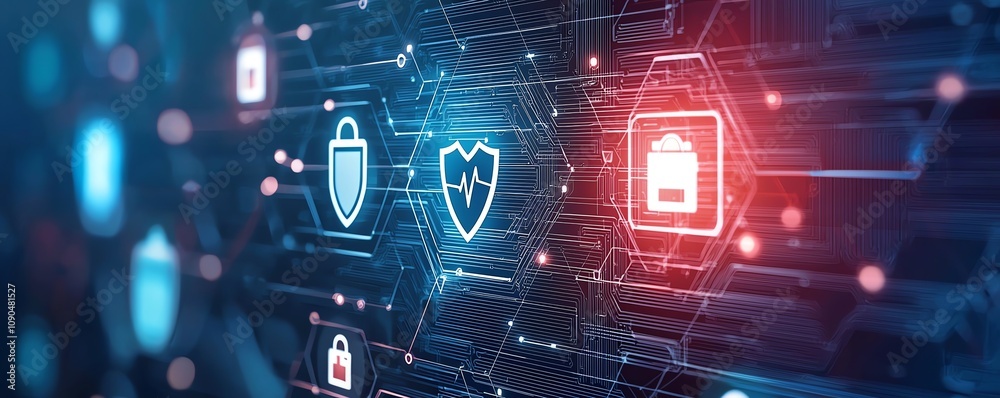 Aufkleber digital interface displaying security icons, emphasizing cybersecurity and data protection in a futu