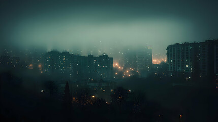 Obraz premium Night Cityscape: Fog-Shrouded Buildings Illuminate a Dark, Mysterious Urban Landscape at Night