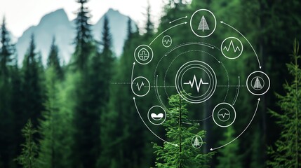 Digital interface overlay on a lush forest backdrop, symbolizing ecosystem health and sustainability through technology and innovation