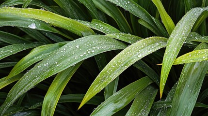 Obraz premium Close-up of vibrant green grass blades adorned with shimmering water droplets sparkling in sunlight after a recent heavy rain shower