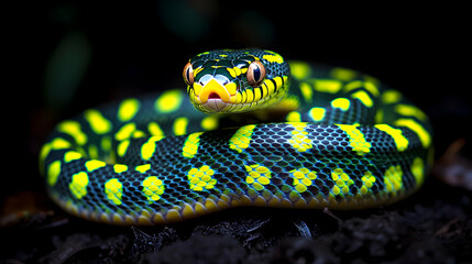 Fototapeta premium Vibrant Green and Yellow Snake Coiled on Dark Soil, Close-Up View, Detailed Reptile Scales, Nocturnal Wildlife Photography