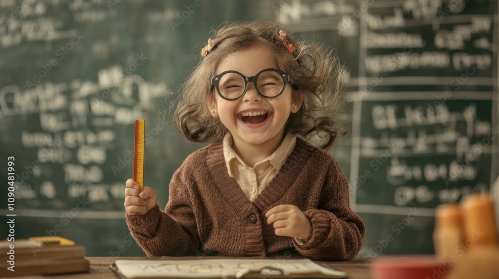 Poster a joyful child in glasses smiles while holding a pencil in a classroom setting.